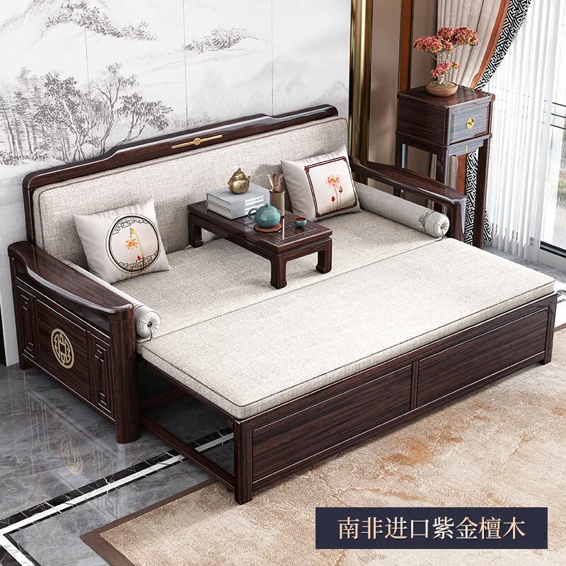New Chinese solid wood Arhat couch small apartment Zen push-pull retractable dual-purpose sofa bed purple gold sandalwood