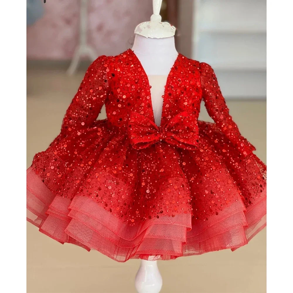 Brilhante lantejoulas mini vestidos da menina moda com decote em v mangas compridas plissado ruched curto vestidos de baile casual festa pageant crianças vestidos