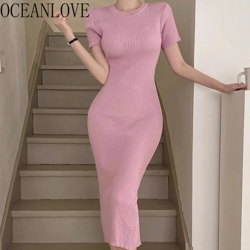 Długie sukienki z dzianiny OCEANLOVE z krótkim rękawem koreańska moda elegancki, szykowny prosta suitdos Mujer wiosna lato Slim damska sukienka