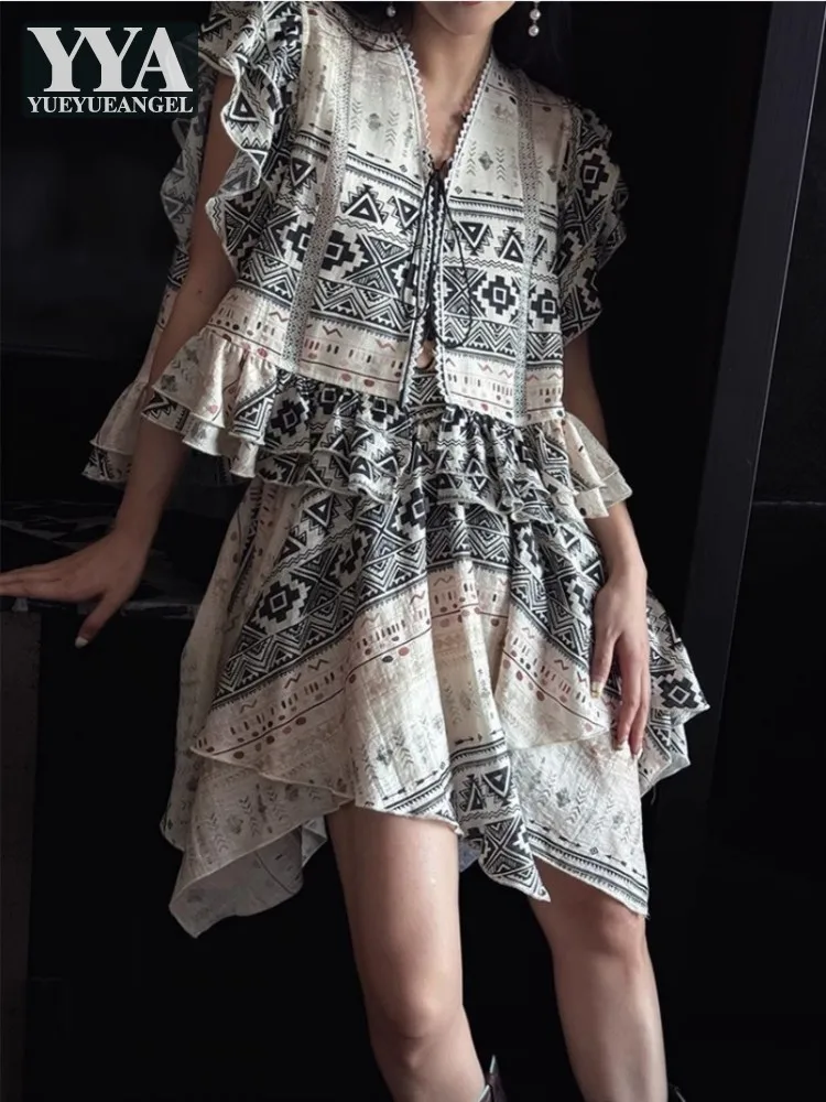 Bohemian Women Two Piece Set Ruffle Irregular Loose Fit Lace Up Top High Waist A-Line Skirts Summer Harajuku Hawaii Casual Sets