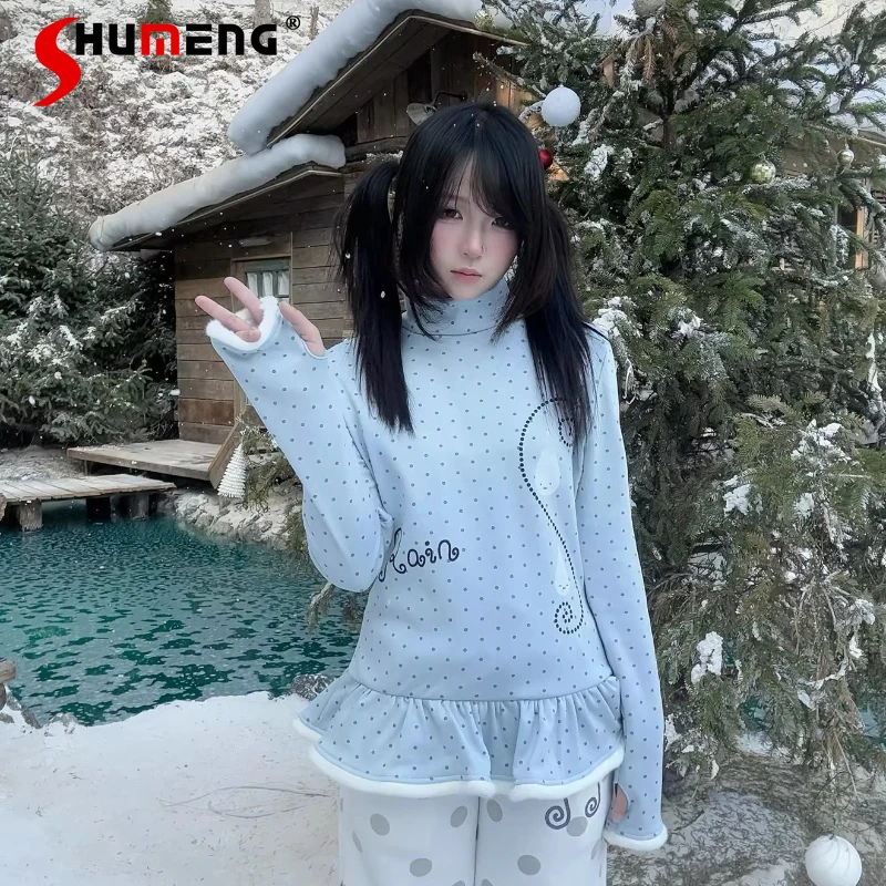 

Japanese Lolita Polka Dot Bottoming Long Sleeves Tshirts With Fleece Trim Inner Wear Retro Blue Half High Neck Tees Top Pullover