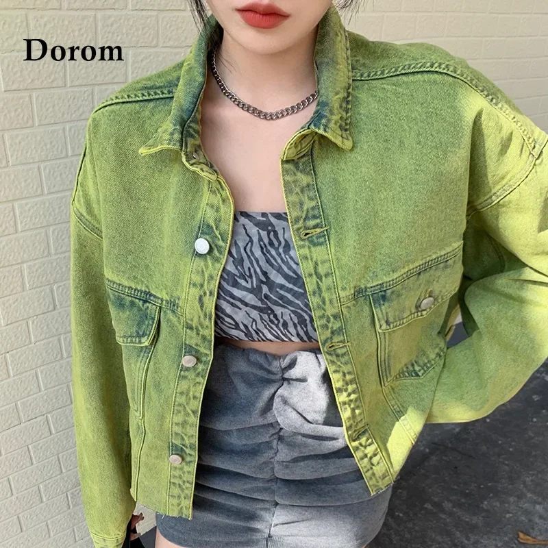 Fashion Green Denim Jacket Harajuku Long Sleeve Vintage Casual Jacket Female Tops Spring Autumn Street Loose Hip Hop Jeans Coat