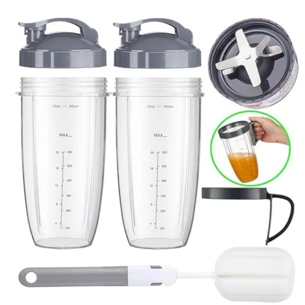 32oz Blender Cups with Flip-Top To-Go-Lid and Extractor Blade Compatible with NutriBullet 600w/900w Blender with  Cleaning Brush