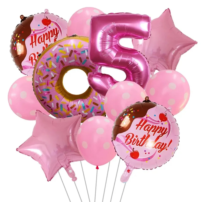 11pcs Kids Adult Donut Candy Foil Ballons Birthday Party Decorations Pink Number Children\'s Day Girls Baby Shower Party Supplies