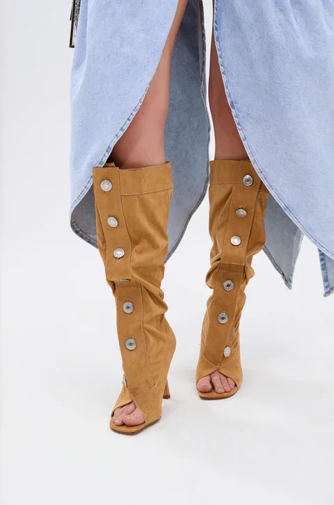 Women's Tan Suede Knee High Boots Peep Toe High Heel Silver Button Decor Slouchy Fashion Party Shoes Stylish Unique Footwear