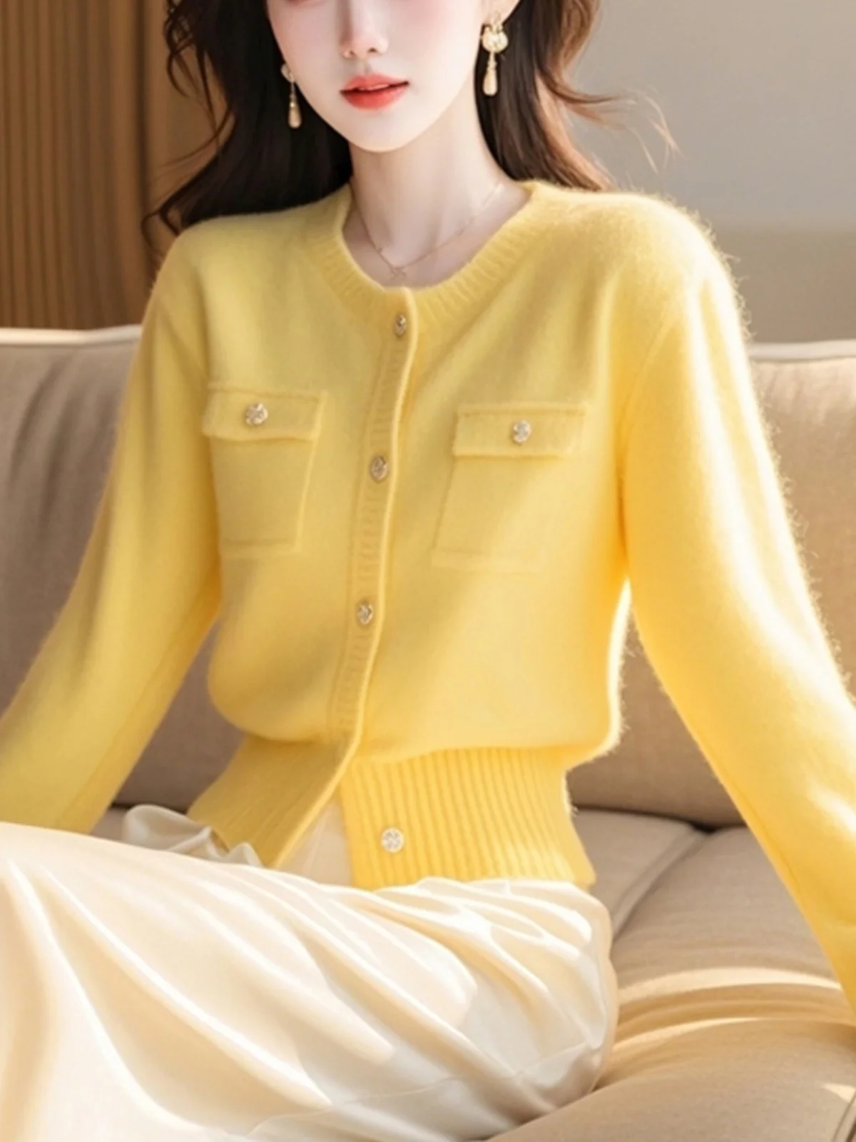 

Потрясающий роскошный вязаный кардиган с длинными рукавами и круглым вырезом, женский, модный, осенний, новый, уникальный, универсальный, в стиле «Маленький аромат»