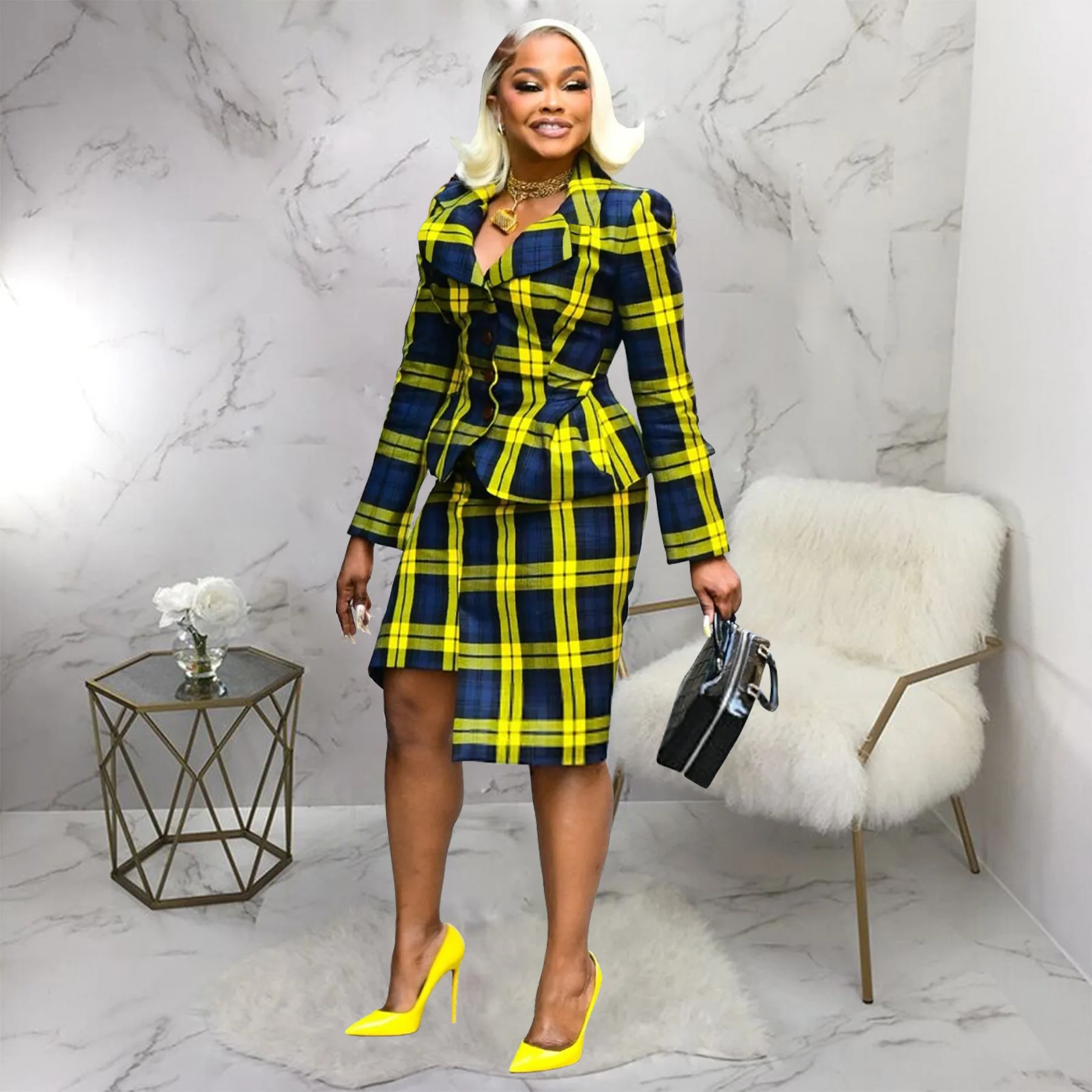 Traje de mujer Sister Star, falda larga informal a cuadros a la moda, paquete de solapa, falda de medio cuerpo a la cadera, conjunto de dos piezas para ir al trabajo con temperamento