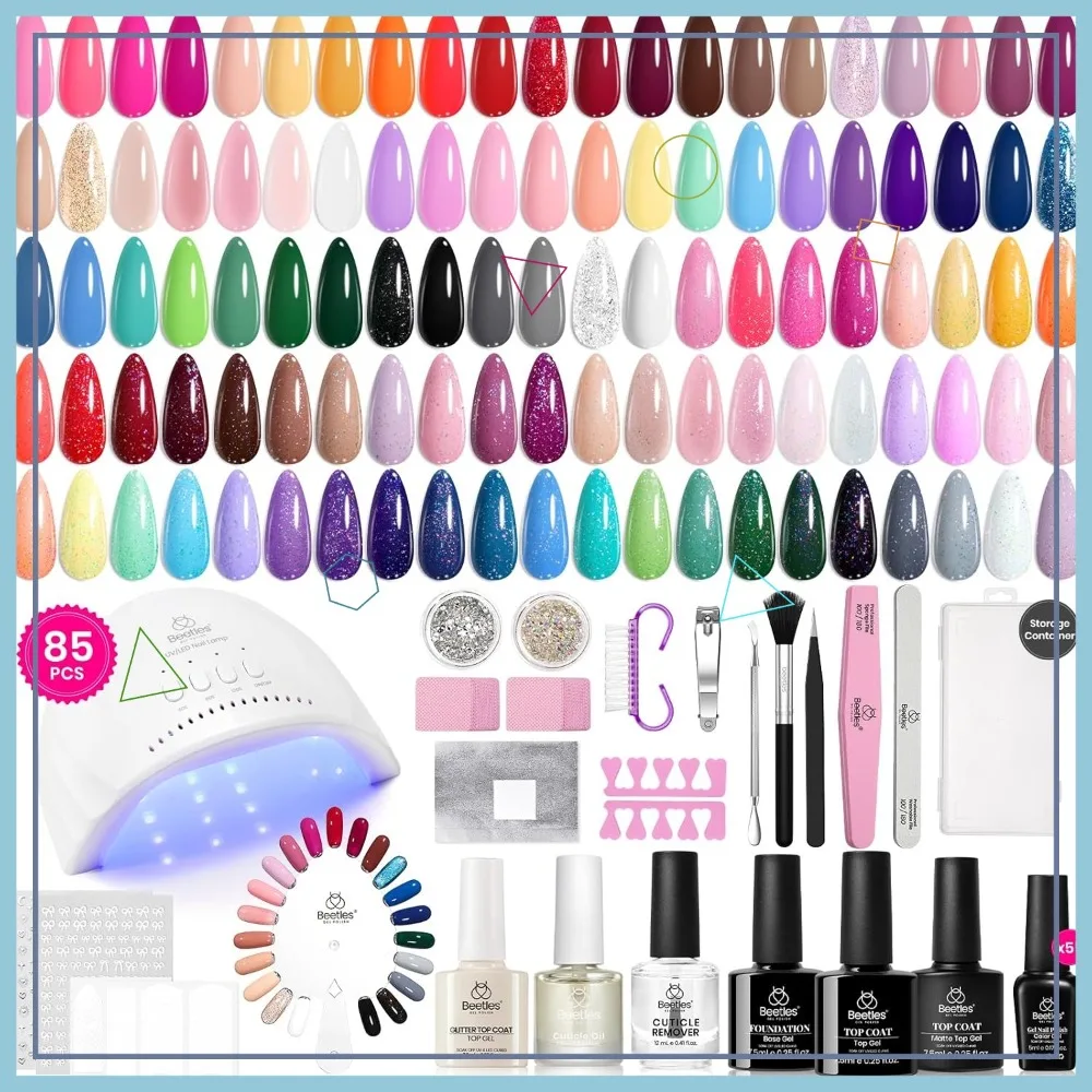 

Набор гель-лаков для ногтей (85 шт.) с УФ-лампой, 55 сезонных цветов, стразами и инструментами для маникюра на все сезоны