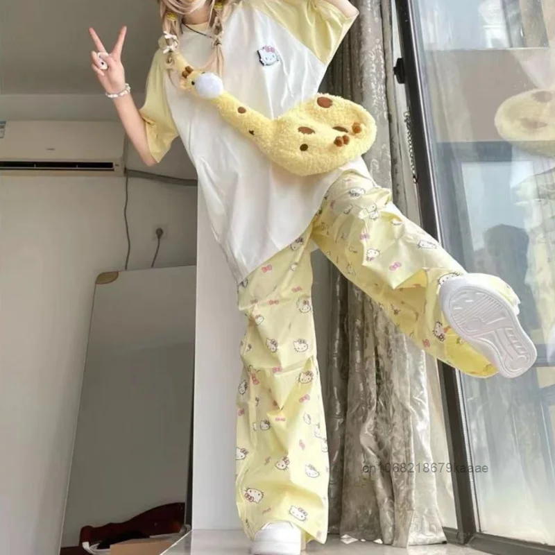 Sanrio Hello Kitty Summer Sweet Y2k Girl Cute Print Pants Set Women New High Waist Slim Straight Casual Pants Tees Fashion Suit