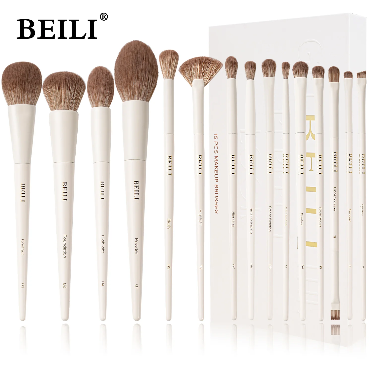 BEILI Professional Beige Makeup Brush Set 15Pcs Suitable for Loose Powder Blush Eye Shadow Eyeliner Soft Hair Cosmetics Brushes