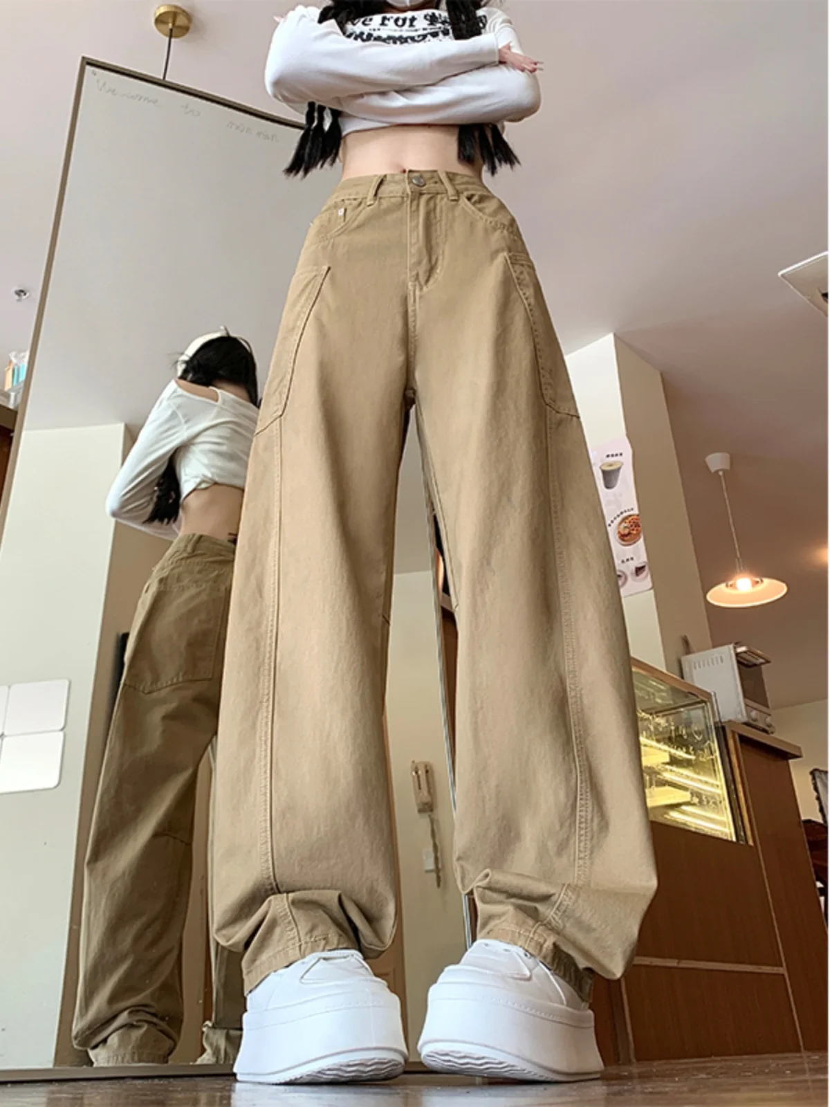Khaki Arbeitskleidung Jeans Damen Hohe Taille Breites Bein Messerhose Herbst Neue Sle Pear Ape Abnehmen Europäische Größe Groß