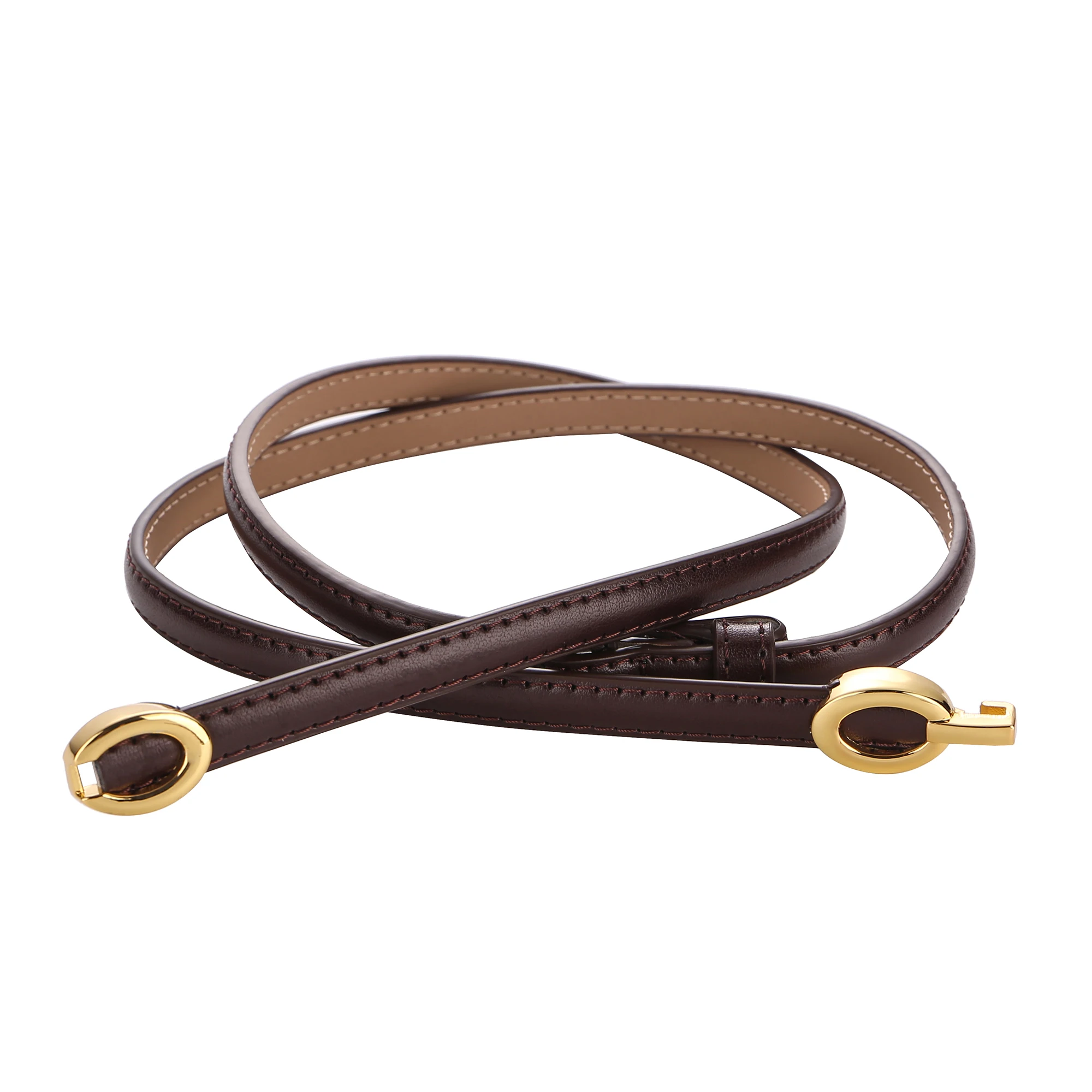 Women's Thin Leather Belt 1cm Gold Oval Snap Buckle Minimalist Business Belt for Suits Dresses Office Wear