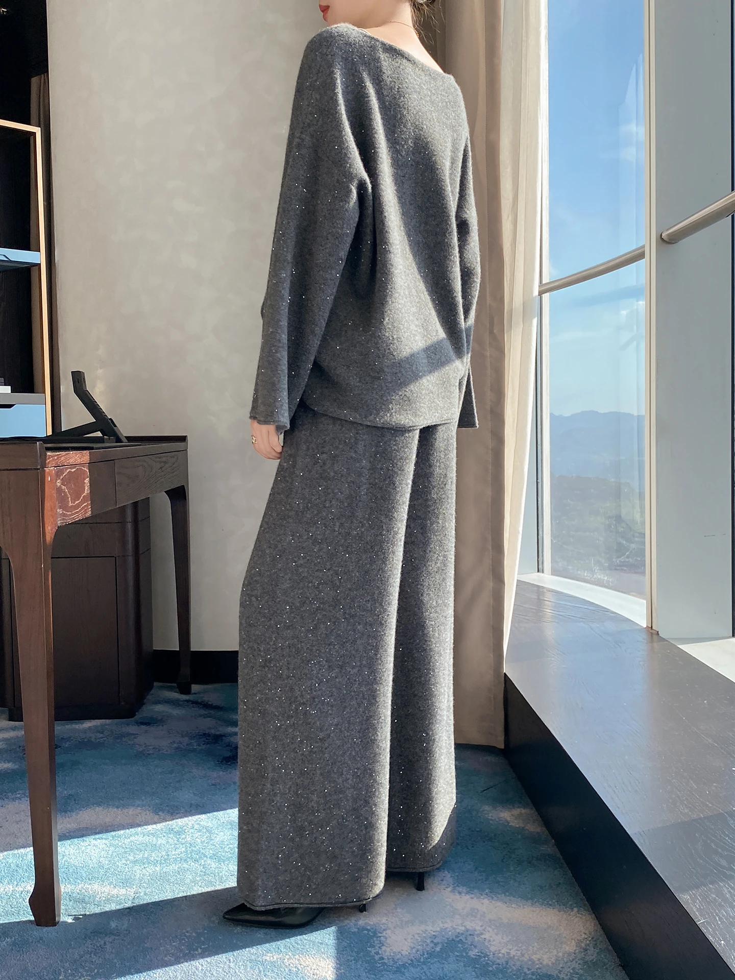 New Women's Pure Wool Knitted O-neck Sweater High Waisted Wide-leg Pants 2 Piece Suits  Hot Diamond Fashion Temperament Sets