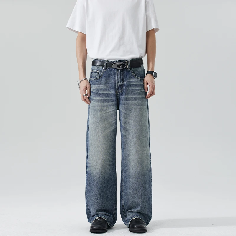 

Men's Vintage Blue Jeans American Style Distressed Aline Denim Long Pants Trendy Loose Straight Slightly Wide Leg Trousers