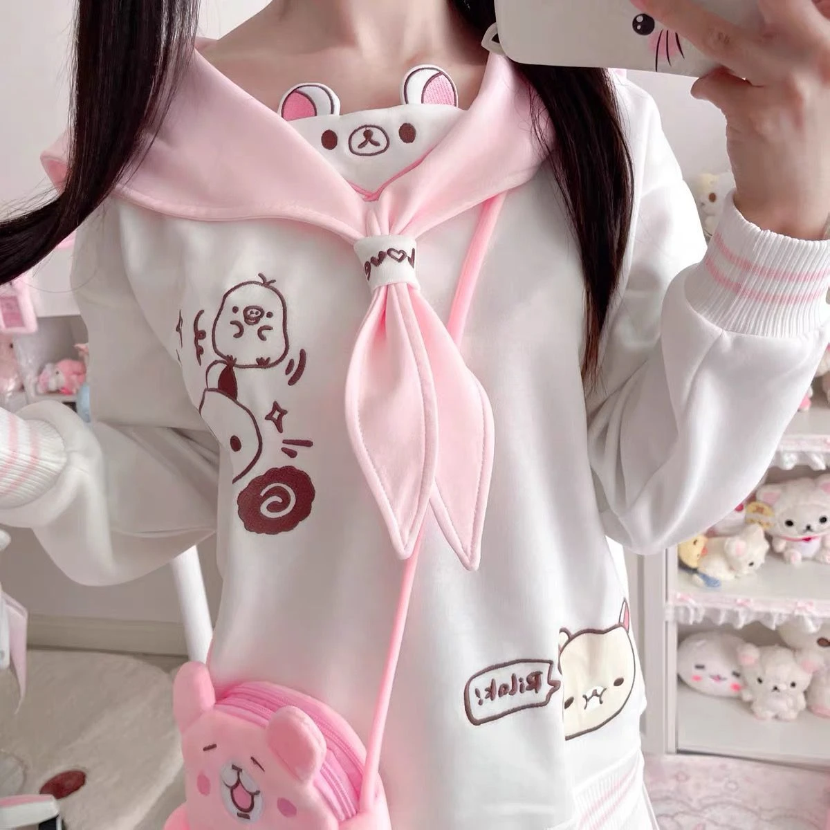 2026 Kimotimo Cute Cartoon Sailor Collar Patchwork Sweatshirt Women Ins Autumn Spring Loose Long Sleeve Tops Hip Hop Hoodie