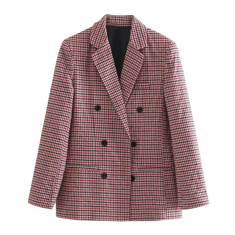 Blazer ajustado de doble botonadura para mujer, chaqueta a cuadros con bolsillos para oficina y trabajo, moda de otoño