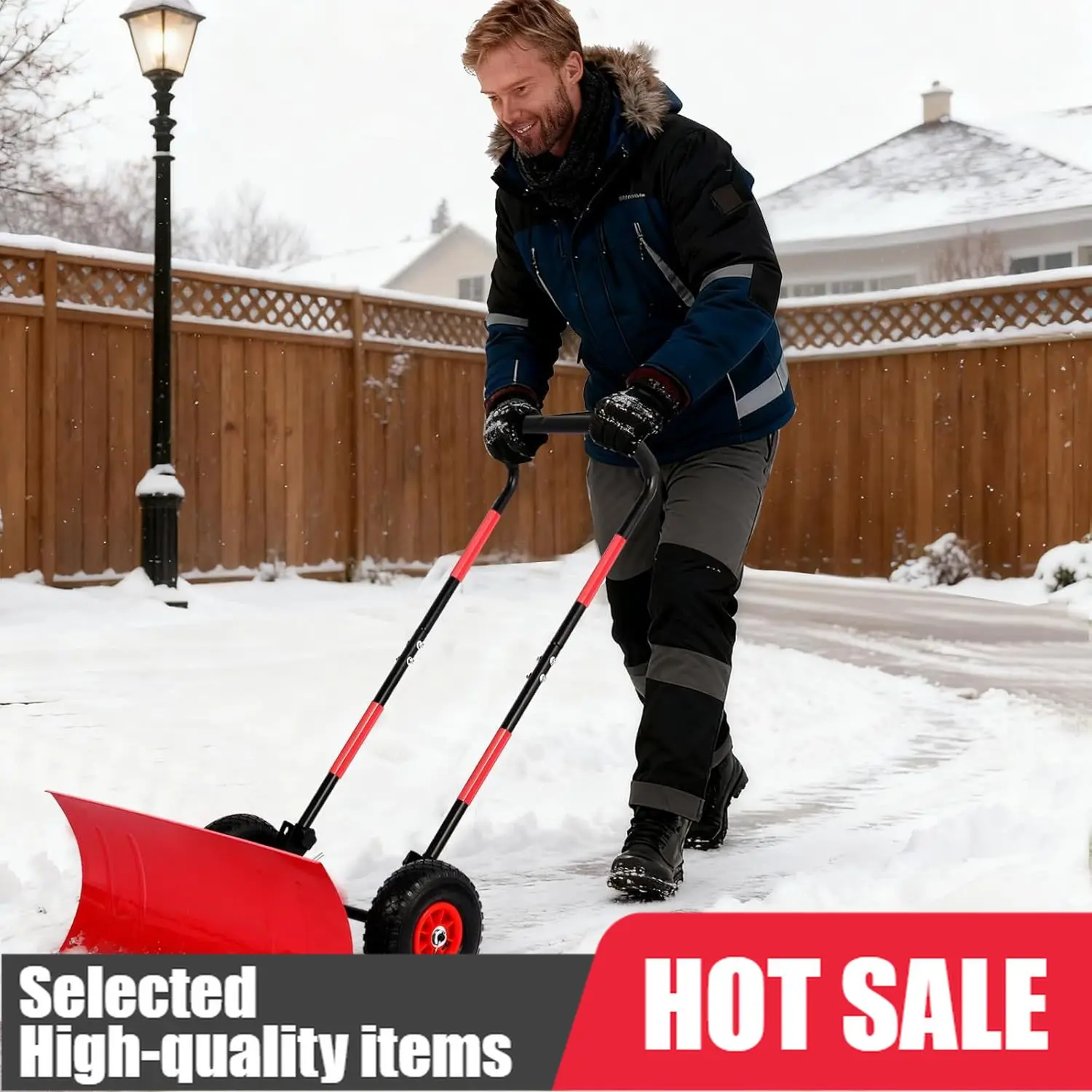 

Sturdy And Functional Snow Shovel With Wheels,29" Snow Removal Tool With Metal Blade,Snow Plow With Adjustable Handle And Angled