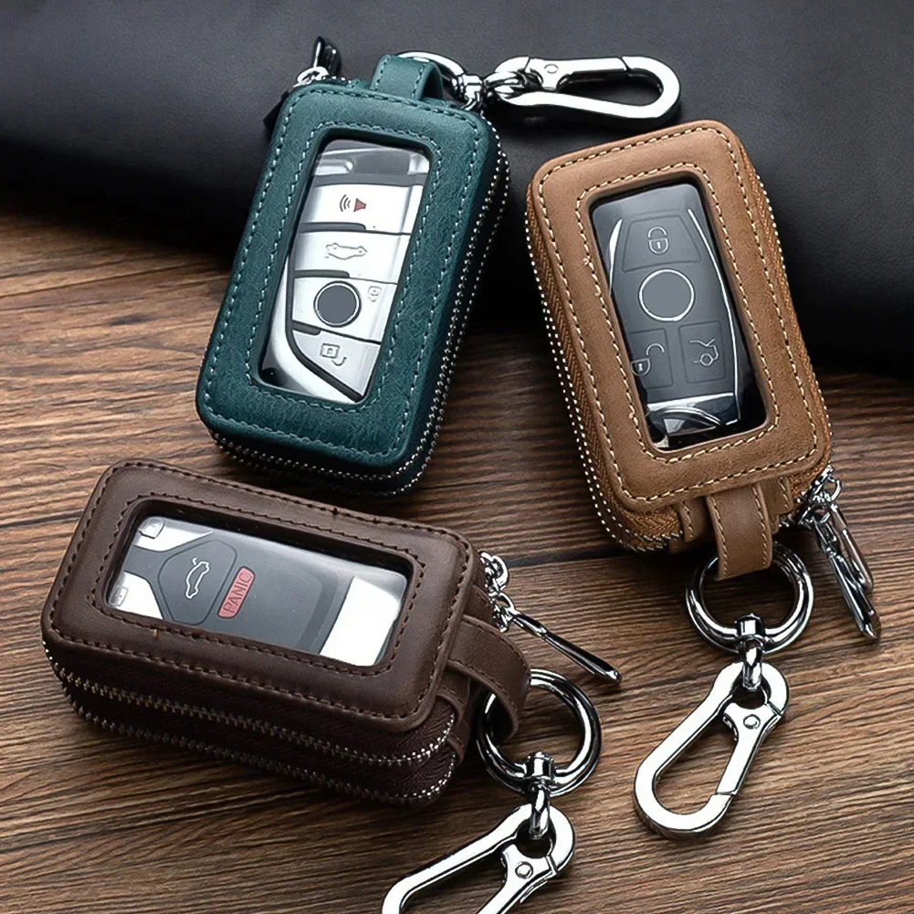 

Men/Women's Leather Key Organizer - Cowhide Double Zipper Pocket Mini Wallet with Clear Window Keychain
