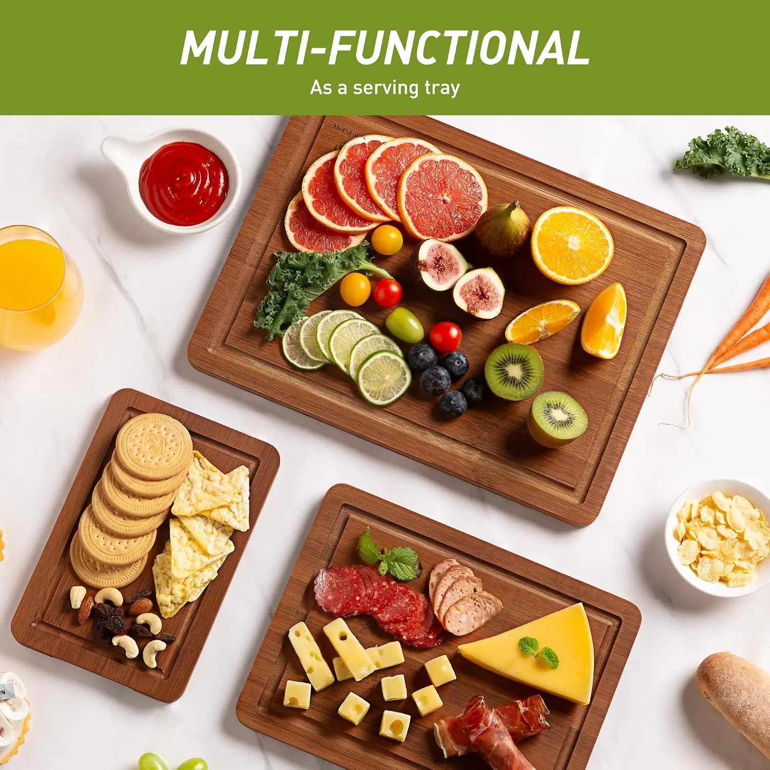 3 Packs Bamboo Cutting Board Set With Non Slip Feet And Over Sink Nice Solid Thick Wood Juice Groove Chopping Board Extra Large