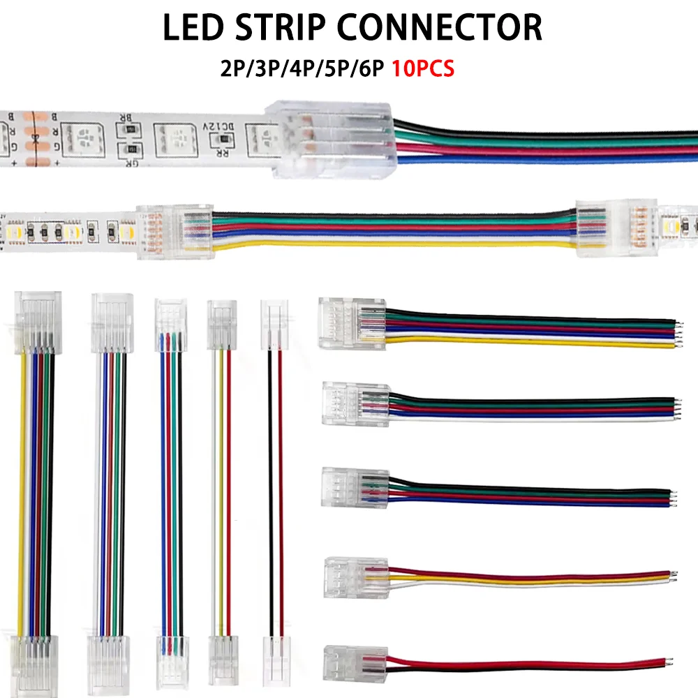 10 Uds. Conectores LED 2/3/4/5/6 pines línea LED conectores rápidos conector de Terminal de cable de extensión 8mm 10mm 12mm 5050 tira de luz LED