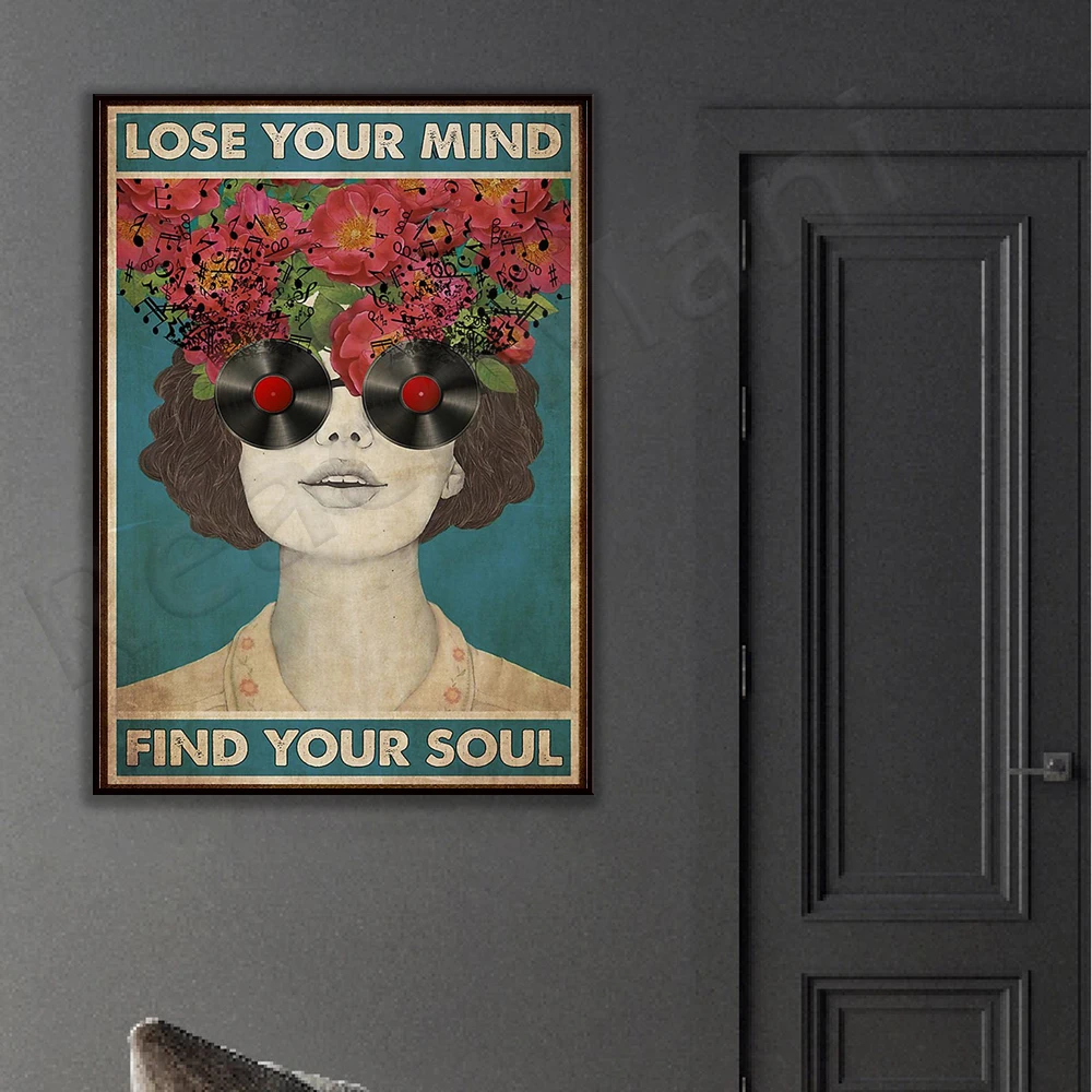 music retro poster, lose your mind and find your soul retro print, vinyl head print, music gift creative art, music gift