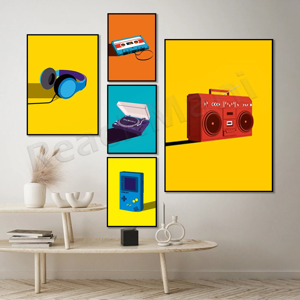 Vintage DJ Headphones, Cassette, Boombox, Game Console Print, 80's Print, Pop Art, Music Poster, Yellow Wall Decor, Modern Decor