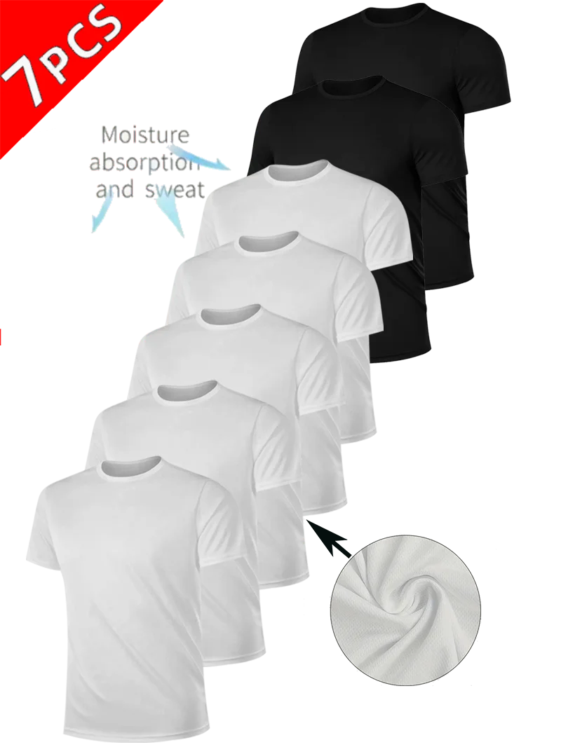 

Men's 7-Piece Solid White and Black Round Neck Lightweight Breathable Moisture Wicking Casual Wear for Layering or Outerwear Gym