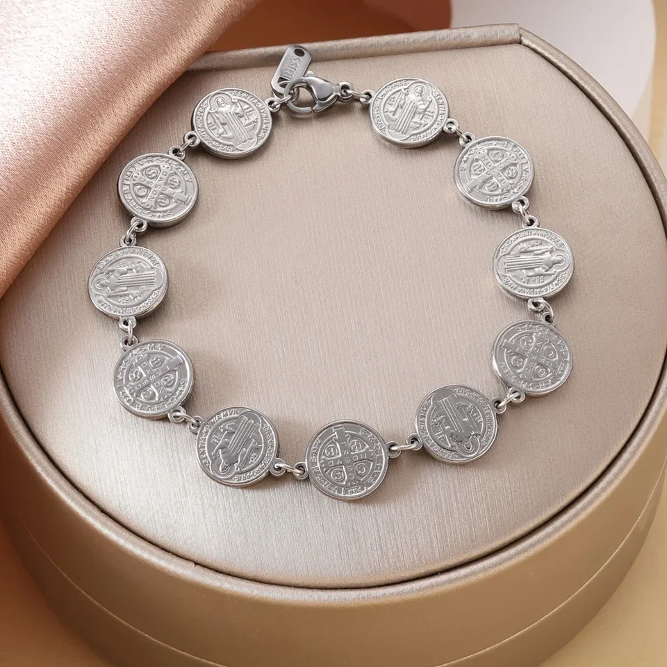 Saint Benedict 11 Pieces Medal Bracelet Stainless Steel Spiritual Protection Amulet Bracelet Benedictine Blessing Jewelry