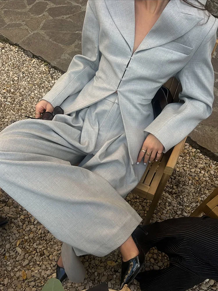 

Elegant Blazer Pant Sets Women Long Sleeve Single-breasted Coat Wide Leg Zipper Trousers 2026 Spring Autumn Office Lady Outfits