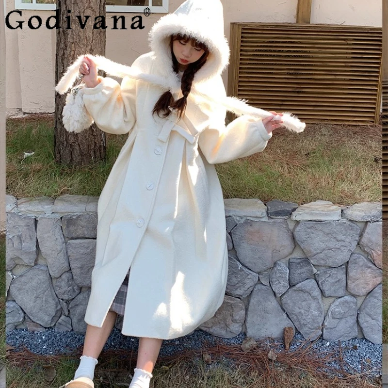 

Autumn Winter Women's White Wool Coat Women's Long Sleeve Hooded Wool Jacket Female Japanese Style Loose Lolita Overcoat
