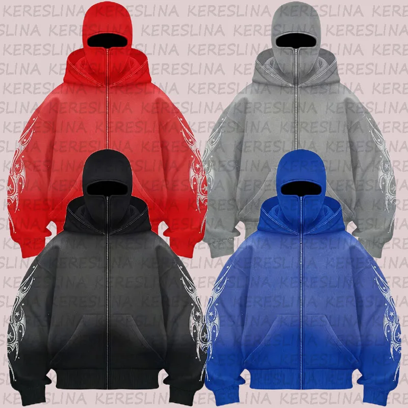 Balaclava Hoodies Fashion Integrated Double Layer Warm Windbreak Zip Up Hoodie Y2k Vintage Hip Hop Ninja Sweatshirt Streetwear