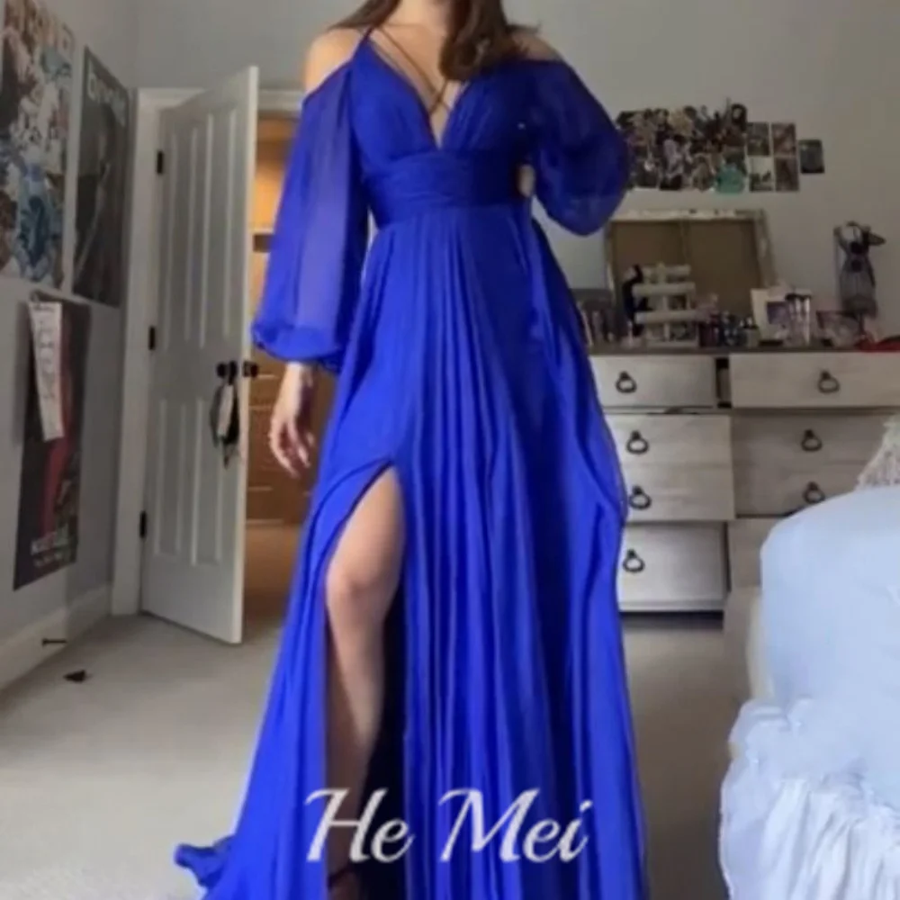 Sexy Prom Dress For Women Spaghetti Straps V Neck Lantern Sleeve Evening Gowns A Line Floor Length Party Dresses فساتين سهرة