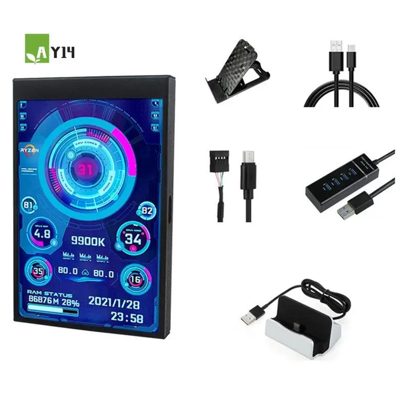 

Внешний IPS-монитор AY14 3,5 дюйма с USB для ПК: отображение данных CPU, GPU, RAM, HDD, AIDA64, с USB-хабом Type-C