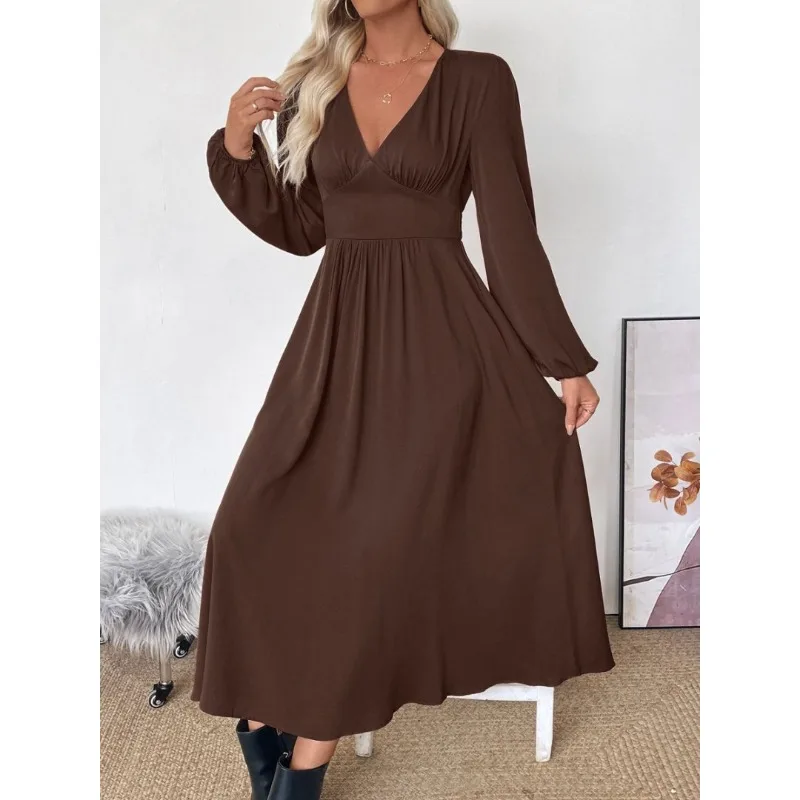 Herfst Franse Commuter Rok Effen Kleur V-hals Bruine Jurk Met Lange Mouwen