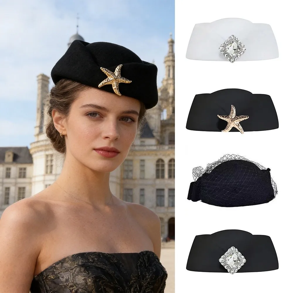 

Fashion British Retro Top Hats Crystal Embellished Sea Star Stewardess Hat Headwear Pillbox Cap Cosplay Costume
