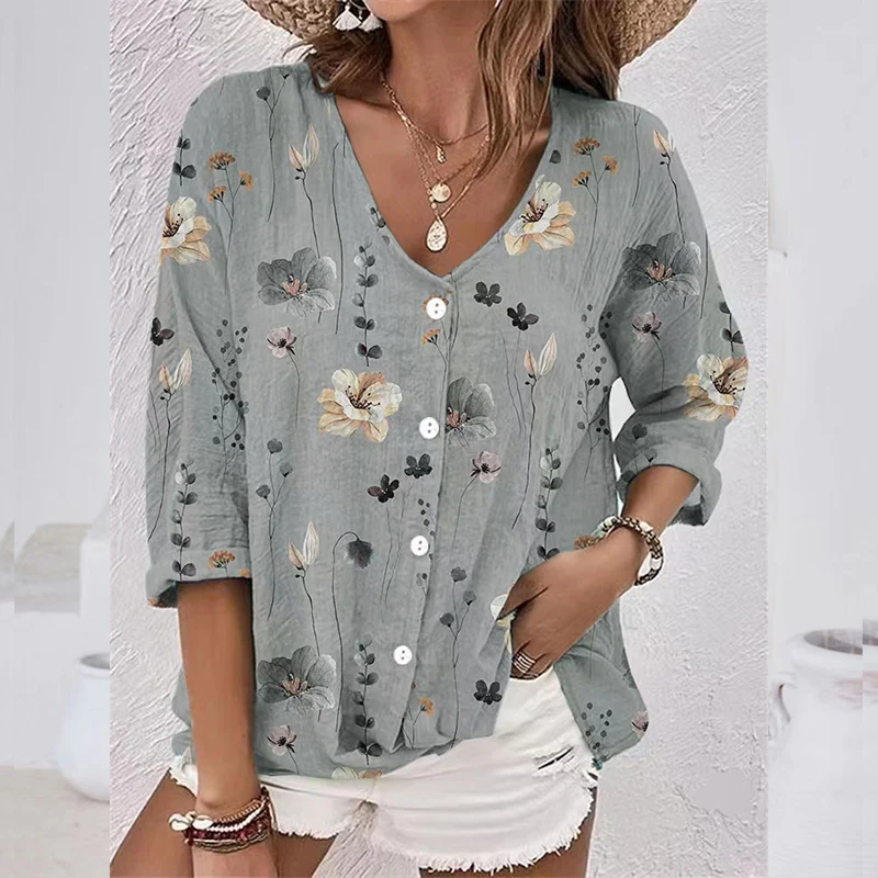 

Autumn and Winter Harajuku Vintage Aesthetic Shirt Women Rustic Button Long Sleeve V Neck Loose Casual Print Natural Scenery Top