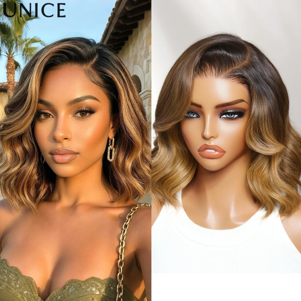 UNice No-Slip 7x5 & 13x4 Lace Brown With Honey Blonde Face-Framing Highlights Wavy Bob Wig Human Wig Glueless Drawstring Wig