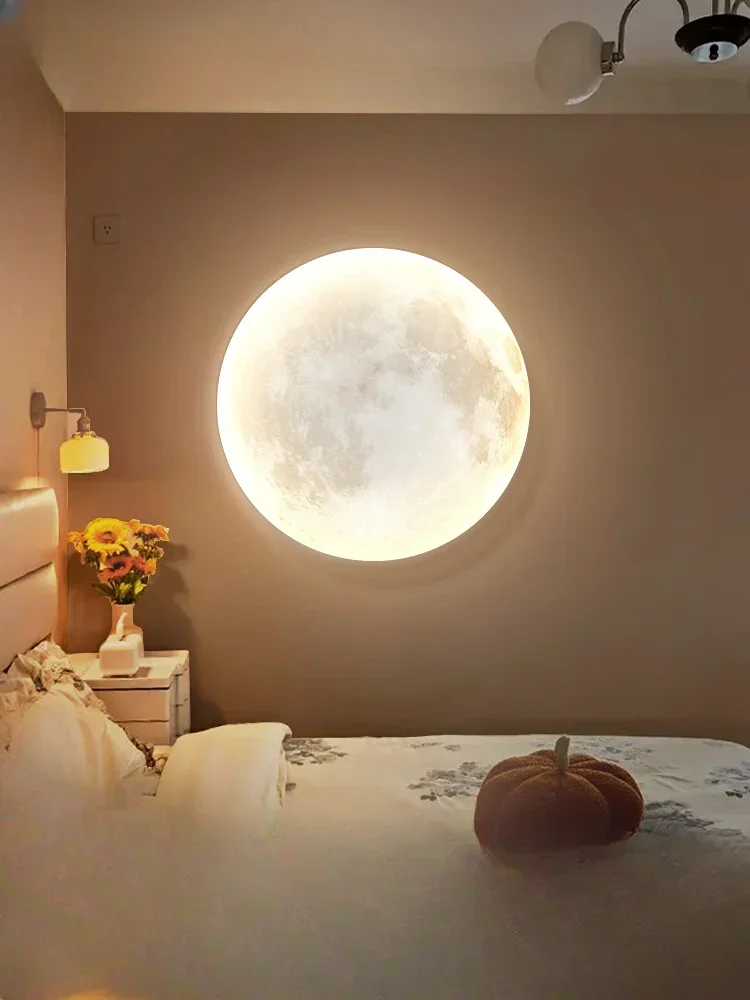 Moon wall lamp bedroom bedside atmosphere room background wall cream wind wall hanging lamp creative living room moon lamp paint