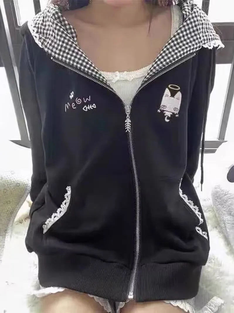 Cute  Embroidery Spring Summer Thin Hooded Jacket Women's Japanese Subculture Plaid Hat Sweater Long Sleeve School Uniform - view 5