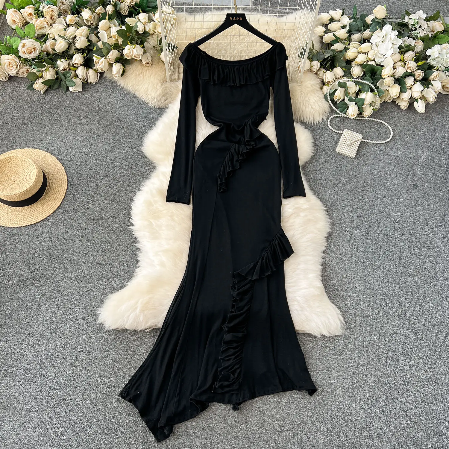 

Foamlina Women Elegant Black Ruffles Slash Neck Off Shoulder Long Sleeve Slim Stretch Irregular Evening Party Club Mermaid Dress