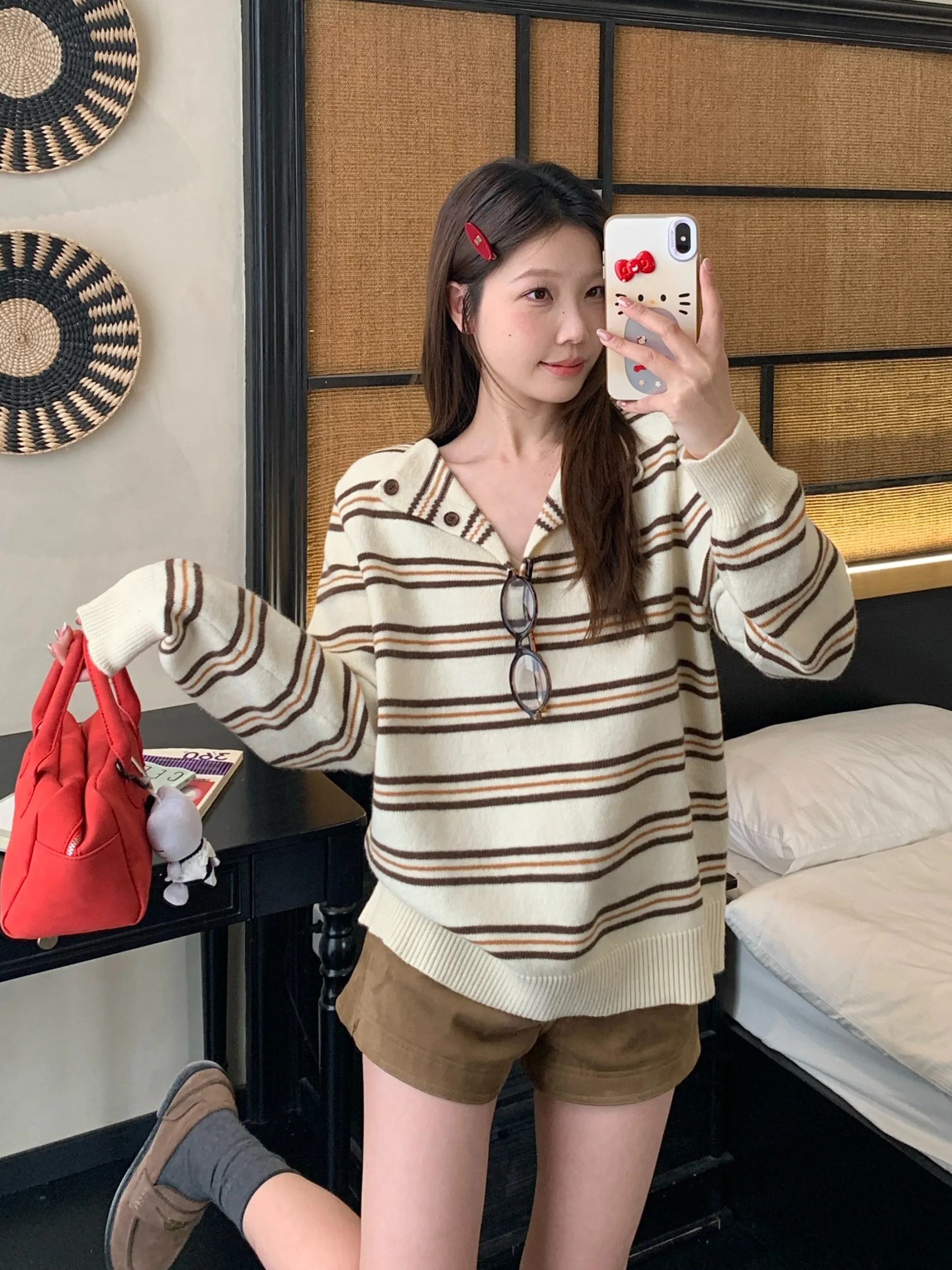 

plus Size Women's Vintage Striped Sweater Loose Long Sleeve Half Open Collar Korean Style Slimming Knitwear for Winter