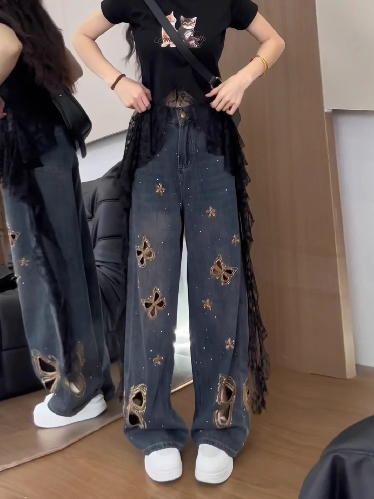 

Summer Design Embroidery Hollow out Denim Pants Women's Thin Retro Sequin Wide Leg Straight Cut Floor-Length Pants