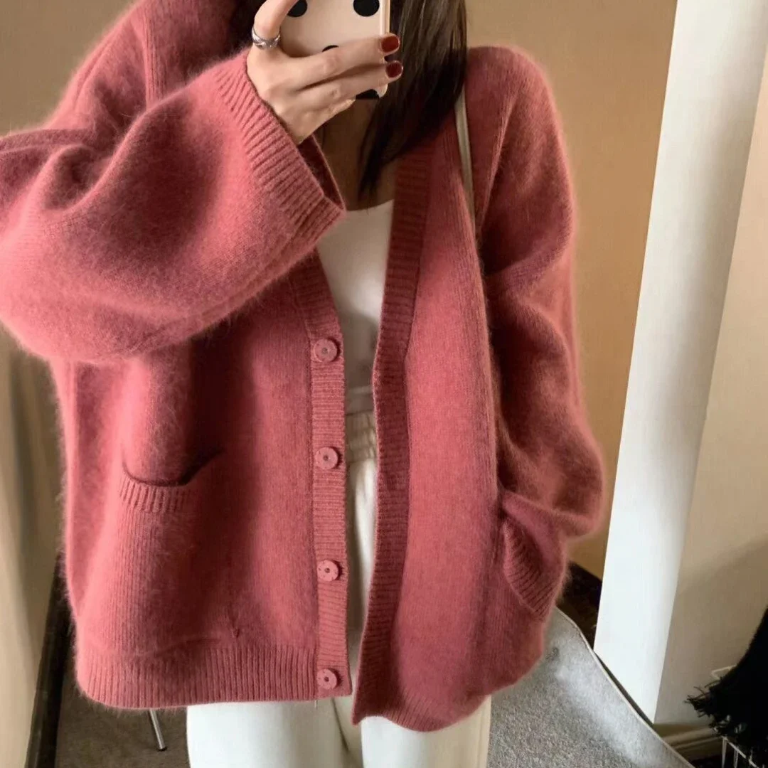 Cardigan V-neck Knit Tops for Woman Winter Button Women\'s Sweater Pink Long Sleeve Korean Luxury Y2k Fashion Korea Cold 2024