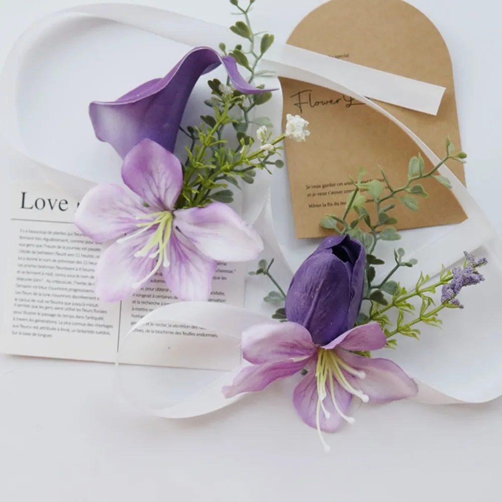 Conjunto de ramillete y ojal morado para boda, graduación, pulseras de ramillete de muñeca con flores artificiales, pulsera de ramillete de regreso a casa