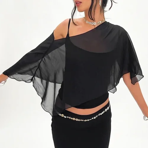 Imagen 2 del producto Conjunto de dos piezas de camiseta con tirantes finos de malla para mujer, camiseta Sexy con perspectiva, cuello oblicuo, camisa de fondo, camisetas para mujer