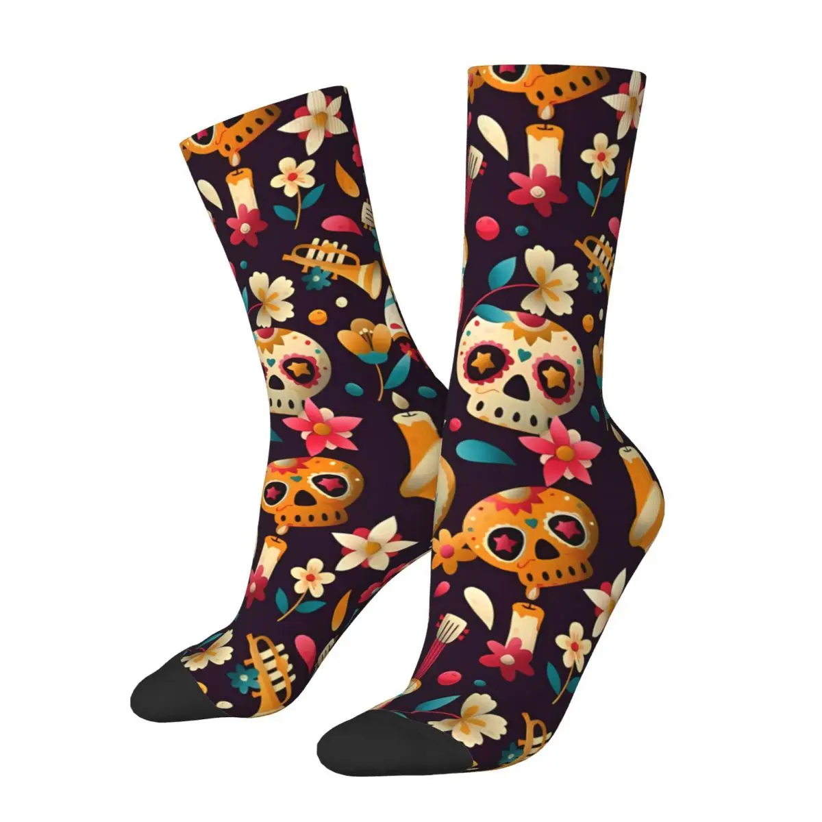 

Music And Flowers Halloween Skull Socks Male Mens Women Autumn Stockings Hip Hop