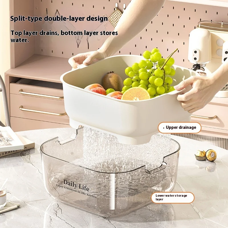 

Kitchen Double Layer Drain Basket INS Style High Aesthetic Value Vegetable Washing Basin Large Capacity Fruit And Vegetable Bask