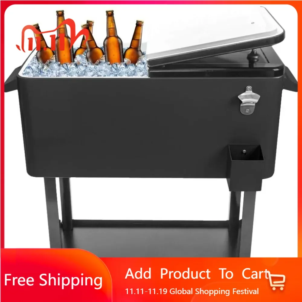 

80 Quart Party Ice Cooler Table with Wheels, Shelf, Bottle Opener, Portable Stand Up Rolling Coolers Trolley, Ice Cooler Table