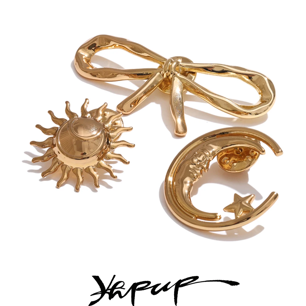 Yhpup Popular Style Stainless Steel Metal Bowknot Sun Moon Brooch Pin Minimalist Daily Clothing Accessories Wholesale 2025