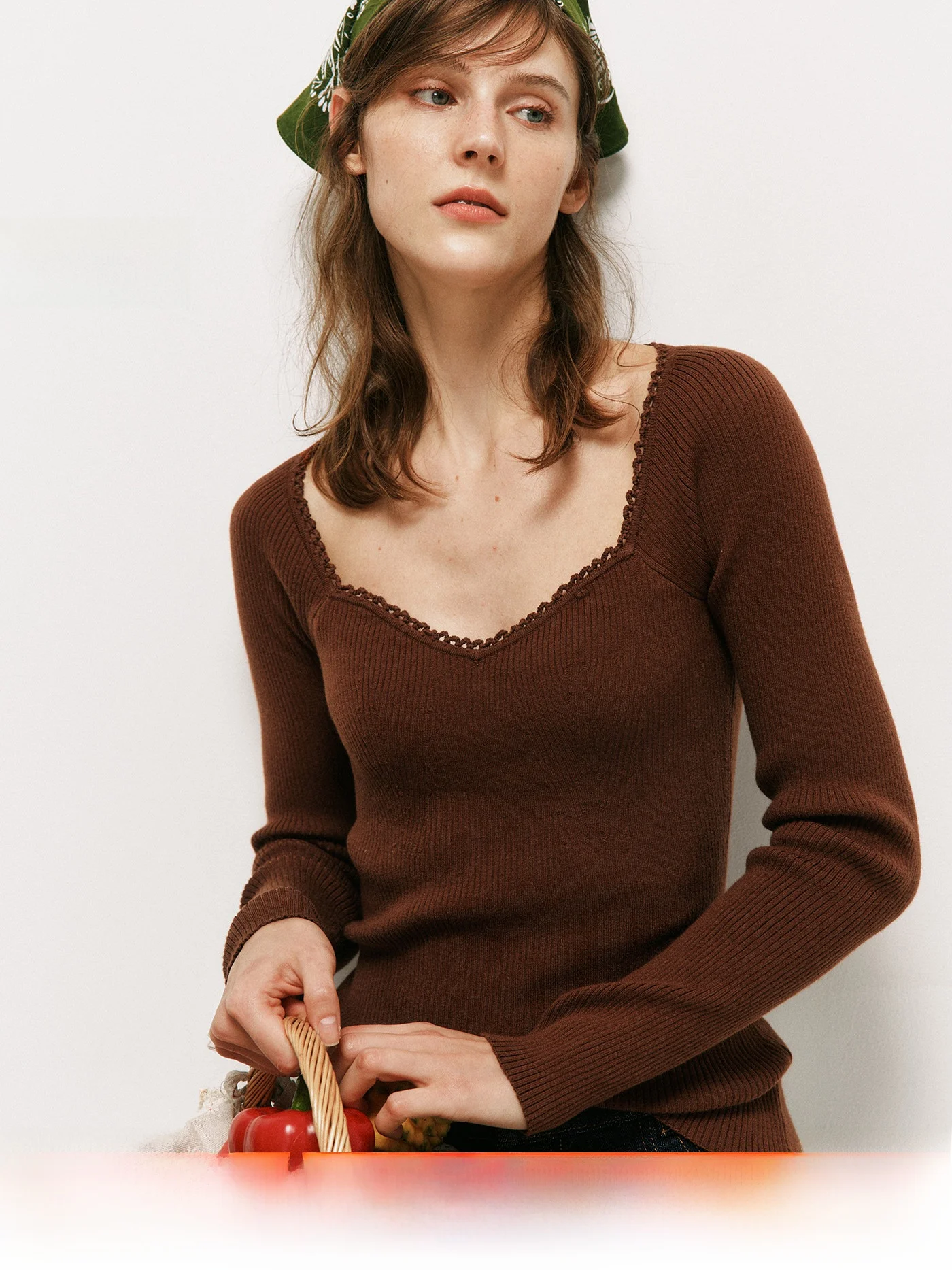 

Organic Cotton Merino Wool Vintage Square Collar Slim Fit Knitted Top Beauty Person Effect Long Sleeve Crew Neck Pullover